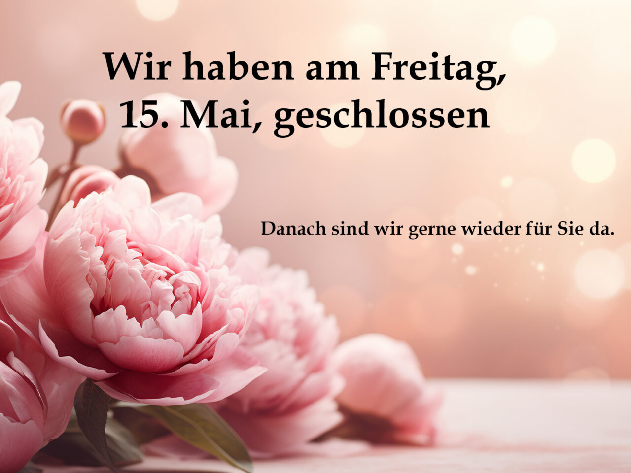 Wir haben am Freitag, 15. Mai geschlossen. Rosa Pfingstrosen als Hintergrundbild.